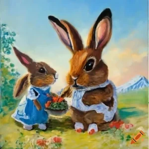 Classic painting of 2 brown rabbits with white spots wearing overalls and a dress
