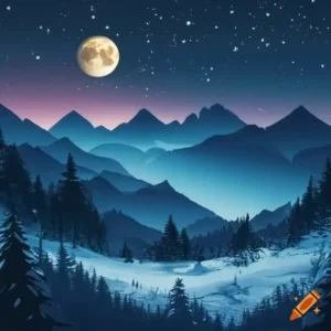 craiyon ai_213445_nighttime_mountain_landscape_with_snowy_peaks__forest__and_moonlight