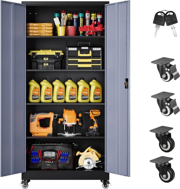 SISESOL Metal Storage Cabinet with Wheels,75 inch Rolling Garage Storage Cabinet with Lock,Gray Metal Cabinets with Wheels and Shelves,Tall Tool Cabinets on Wheel for Garage,Home,Office,Shop