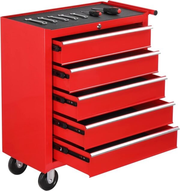 TUFFIOM 5-Drawer Rolling Tool Chest w/Drawers & Lock, Tool Storage Cabinet with Lockable Wheels, Top Cushion & Drawer Liners, Tool Organizer Box for Garage, Warehouse & Repair Sho