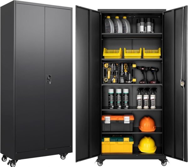 SISESOL Metal Storage Cabinet with Wheels,75 inch Rolling Garage Storage Cabinet with Lock,Black Metal Cabinets with Wheels and Shelves,Tall Tool Locker Closet on Roller for Garage,Home,Office,Shop
