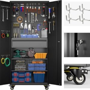 71" H Metal Garage Storage Cabinet with Wheels and Doors,Rolling Tool Storage Cabinet with Pegboard and Drawer for Garage Warehouse Home,Required Assembly,Black