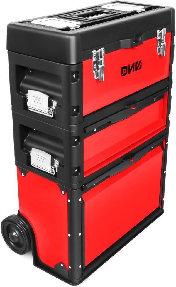 ‎DNA MOTORING TOOLS-00222 ‎19.5" x 28.5" x 12" ‎3-Tier Stackable Separate Hand Case Tool Boxes Trolley, 3-in-1 Storage Compartments, Red