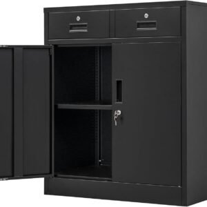 Metal Storage Cabinet, 36" H Locking Storage Cabinet with Two Drawers and Adjustable Shelf, Metal Cabinets for Office, Garage, Home-Black