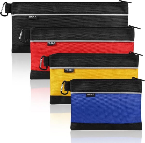 4 Pack Tool Pouch, Small Tool Bag with Zipper, 1680D Oxford Waterproof Multipurpose Tool Pouches with Carabiner for Men Tools, Travel Accessary, Stationary, Gadgets Storage Organizer, PSGJD-X4