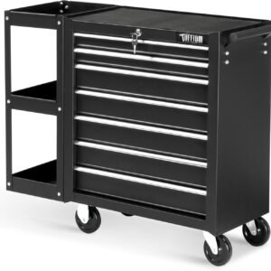 TUFFIOM 7-Drawer Rolling Tool Chest with Side Shelves, Tool Storage Side Cabinet w/Lockable Wheels, Top Cushion & Drawer Liners, Tool Organizer Box for Garage, Warehouse & Repair Shop