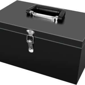 Small Steel Metal Tool Box, Lockable Storage Box for Storing Valuable Items, Office Documents, Garage Tools (12" Black)