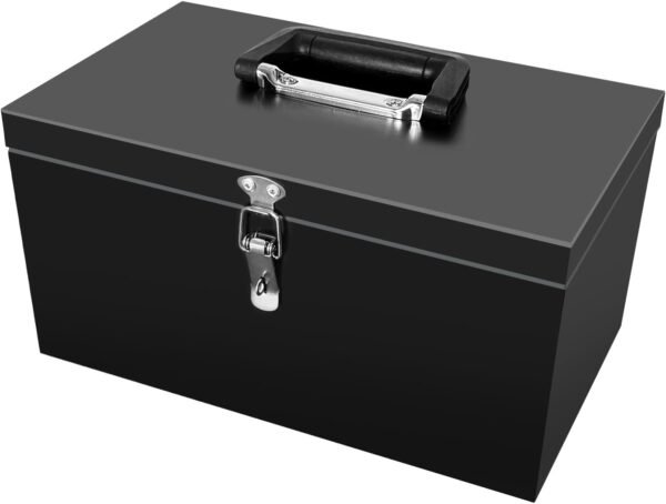 Small Steel Metal Tool Box, Lockable Storage Box for Storing Valuable Items, Office Documents, Garage Tools (12" Black)