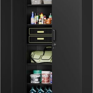 MIIIKO Black Garage Storage Cabinet with Doors and 5 Shelves,71" Tall Steel Tool Storage,Lockable Metal Utility Cabinet for Garage,Office,Pantry and Kitchen