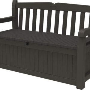 Keter Solana 70 Gallon Storage Bench Deck Box for Patio Furniture, Front Porch Decor and Outdoor Seating – Perfect to Store Garden Tools, Brown/Brown