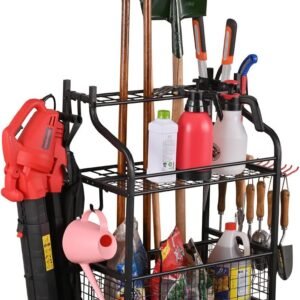 Snail Garden Tool Storage Organizer with Wheels Yard Tool Stand Holder for Garage Lawn and Outdoor, Steel Yard Tool Racks to Store Yard Long Rakes, Brooms, Mops and Buckets, Garden Tool Rolling Cart