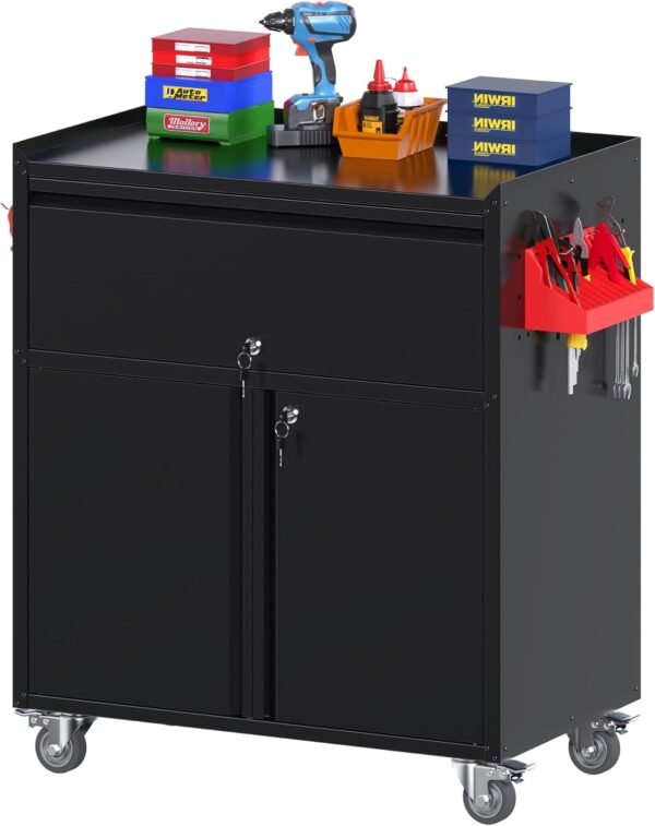 35" H Metal Garage Storage Cabinet on Wheels,1Drawer Tool Storage Cabinet with Pegboard and 4 Hooks for Garage, Home, Office,Assembly Required,Black