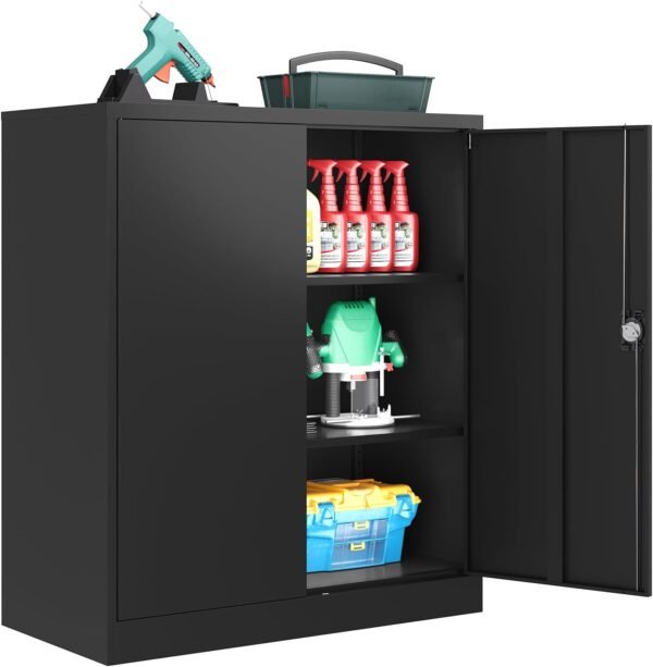 Metal Garage Storage Cabinet, Storage Cabinet with 2 Doors and Adjustable Shelves, Lockable Tool Cabinet for Garage,Home Office and School (Black)