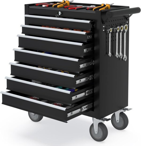 7 Drawers Tool Chest with Wheels, Portable Storage Rolling Tool Box, Toolbox on wheels for Warehouse, Garage, Repair Shop and Tool Room