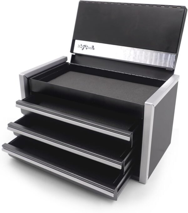 sdroceRyaM Mini Metal Tool Box, Portable 3 Drawer Steel Stackable Tool Box Small Tool Chest with Soft Liners and PP Feet Pads Cold Rolled Steel Toolbox for Storage and Organizers, Black
