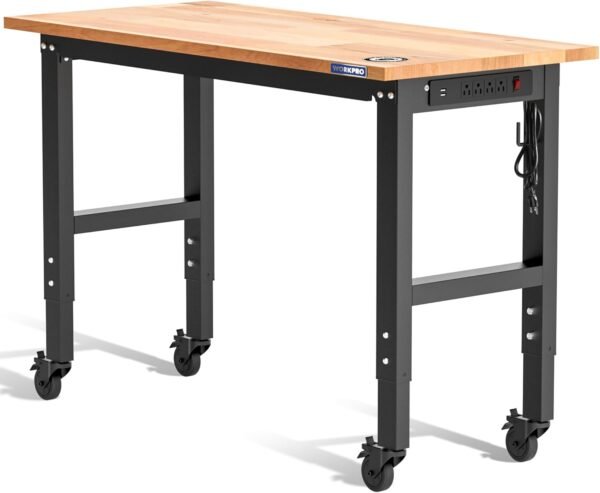 WORKPRO Garage Workbench, 48"X22" Adjustable Workbench with Wheels, Rubber Wood Top Heavy-Duty Workstation with Power Outlets, 1000 LBS Stationary Load Capacity, for Workshop, Garage, Home