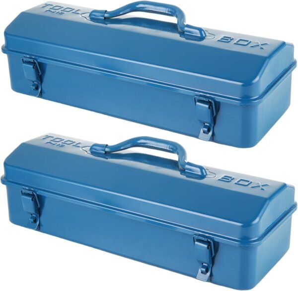 2 PCS Small Metal Tool Box 16 Inch Hip Roof Style Portable Locking Toolbox With Metal Latch Closure & Handle Blue Tool Storage Box