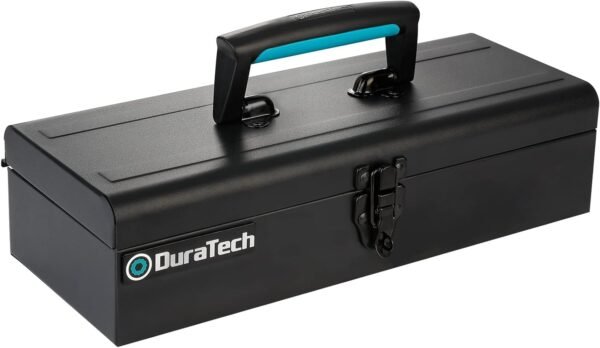DuraTech Tool Box, 15" Portable Steel Small Tool Box with Metal Latch Closure & Plastic Handle with Anti-slip Base, Multi-Purpose Heavy Duty Toolbox, Black