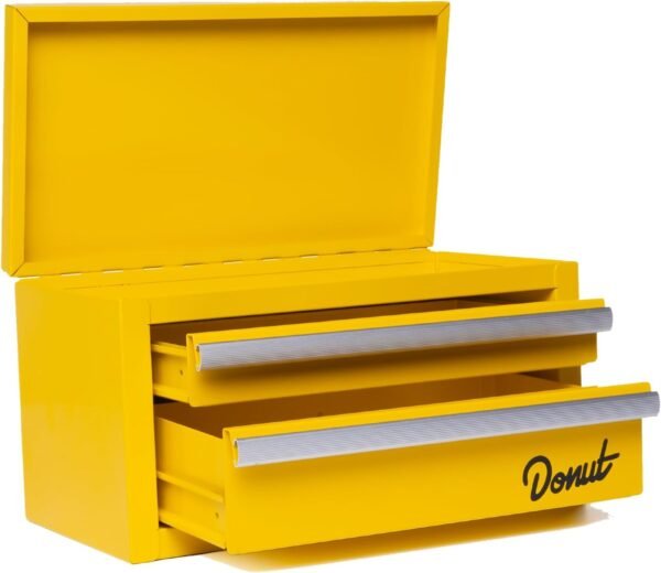 Donut Media Mini Tool Box | Magnetic Catch Drawers; Top Storage; Heavy Duty Powder Coating | Small Metal Stash Box; Desk Organizer; Mechanics Essentials | Compact Tool Kit; 3 Drawer Chest; Yellow