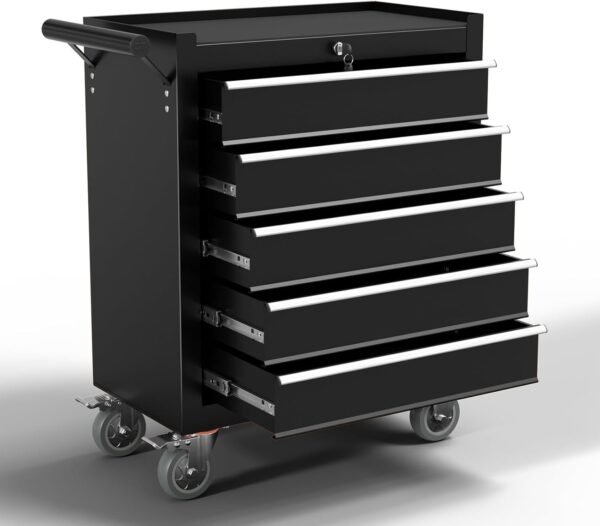 5-Drawer Meatl Rolling Tool Chest with Wheels,Tool Storage Cabinet with Locking System，Toolbox with Wheels for Garage, Warehouse, Workshop, Repair Shop (Black, 5-Drawer)