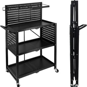 Lumizone 3-Tier Foldable Rolling Tool Cart with Wheels, Utility Cart with Pegboard for Garage Organizer and Tool Storage, Power Tool Storage Cart on Wheels (Tool Cart)