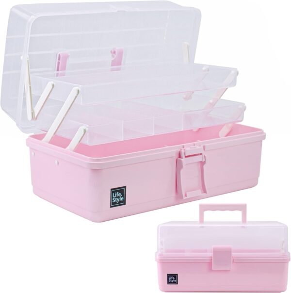 Creahaus 13 inch Art Craft Organizer Storage Box with 3 Layer, Multipurpose Plastic Tool Box with Handle for Sewing, Art Supply, Medicine, Nail, Hair Accessories (Pink)