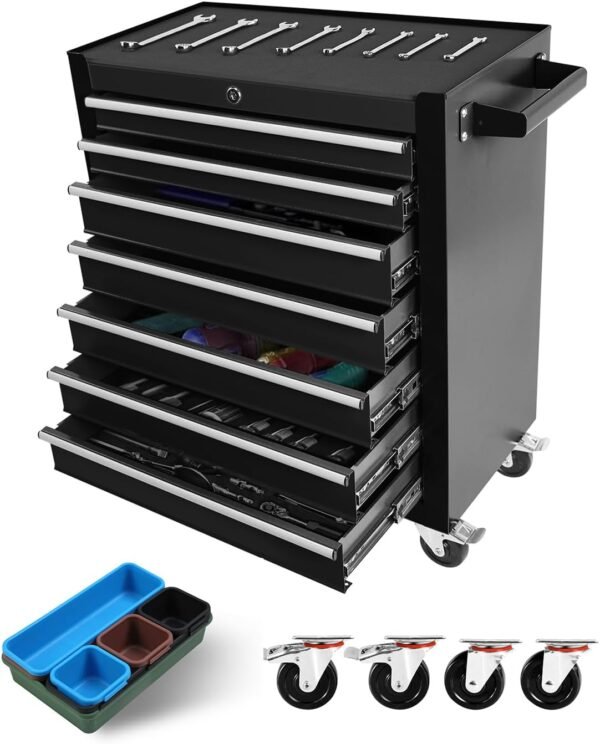 Tool Chest with 7 Drawers, Tool Cart with 7 Organizer Tray Divider Set & Wheels, Large Rolling Tool Box Organizer for Garage, Workshop, Home Crafts