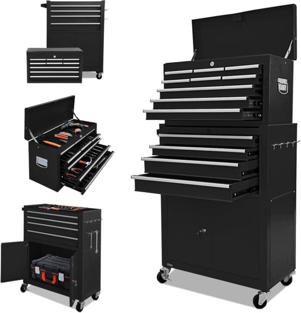 Tool Chest 13-Drawer with Double Door Handle,2 in 1 Detachable Rolling Tool Chests with Wheels and Drawers,Large Tool Box with Lock (Black)