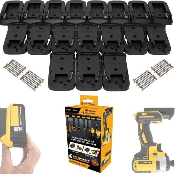 Tool Wrangler Organization For Dewalt 20V Tools & Batteries - Black 18pc Combo 10+8 = 10 Dewalt Tool Holder + 8 Dewalt Battery Holder | Made in N. America Screws Included | Strongest Dewalt Tool Mount