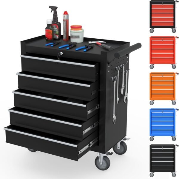 5-Drawer Tool Chest, Tool Box with Wheels, Movable Rolling Tool Chest, High Capacity Tool Chest with Wheels, Heavy Duty Tool Cabinet for Workshop, Garage and Repair Room(Black)