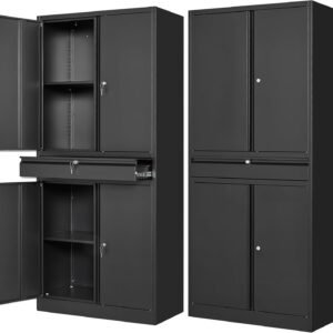 Letaya Metal Garage Storage Cabinet with Drawer,4 Door Tool Cabinet with Lock-2 Adjustable Shelves for Garage Home Office Utility Room (Black)