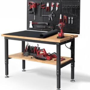 48 Inch Work Table for Garage Adjustable Height Rubber Wood Tabletop Workbench with Storage Work Bench Table with Power Outlets Pegboard Pad for Woodworking Shop Home Office