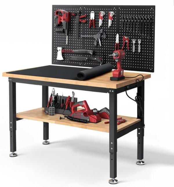 48 Inch Work Table for Garage Adjustable Height Rubber Wood Tabletop Workbench with Storage Work Bench Table with Power Outlets Pegboard Pad for Woodworking Shop Home Office