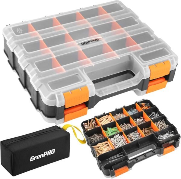 Mini Tool Box Organizer, Plastic Small Tool Box with Dividers, Double Side Bead Organizer, 34-Compartments Hardware Screw Organizers, Parts Tool Organizers Storage