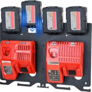 3-in-1 Metal Wall Mount for Milwaukee Chargers Batteries Drills Storage Rack for 4x 18V Battery Packs Bracket Holder for 2x M12-18C Charger/2x M12-18FC Charger/1x M18 DFC, Power Tool Organizer