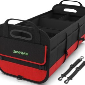 Simniam Large Trunk Organizer for Car, Collapsible Multi Compartment Car Trunk Organizer with 2 Retractable Straps, Suitable for All Kinds of Cars, SUV, Minivan - 4 Compartments Red