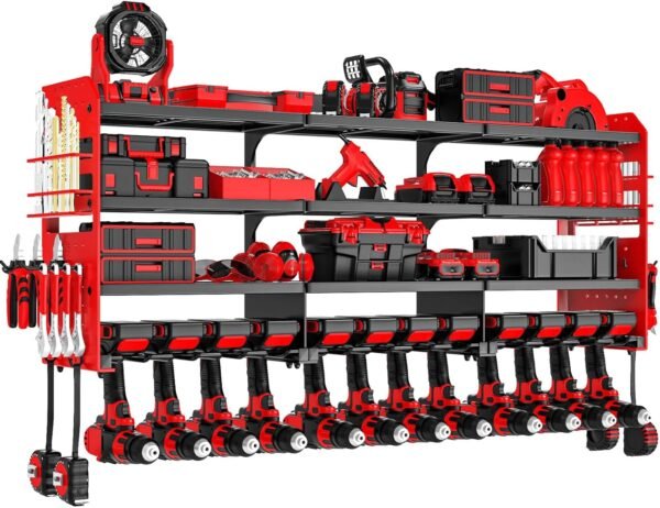 Large Power Tool Organizer Wall Mount-12 Drill Holder, Metal Heavy Duty Garage Tool Storage Shelves with Screwdriver Plier Holder, Gifts Idea for Men Dad Husband