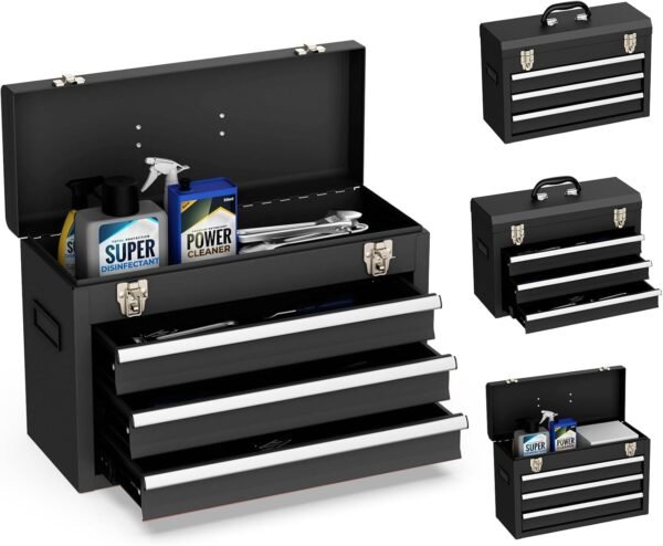 3 Drawer Metal Tool Box, Portable Steel Tool Box with Top Storage Tray and carrying Handle, Multi-Function Tool Storage for Garage, Home, or Workbench