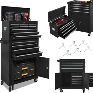 Tool Chest 13-Drawer with Double Door and wheels, Large Detachable Tool box with Sliding Drawers, Mechanic ToolBox Storage Cabinets, Metal Tool Cart for Garage Workshop (BLACK)
