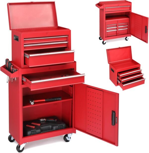 Winado 4-Drawer Rolling Tool Chest with Wheels & Lock, Tool Box with Large Storage Cabinet and Adjustable Shelf, Removable Portable Top Box for Garage, Warehouse, Factory (Red)