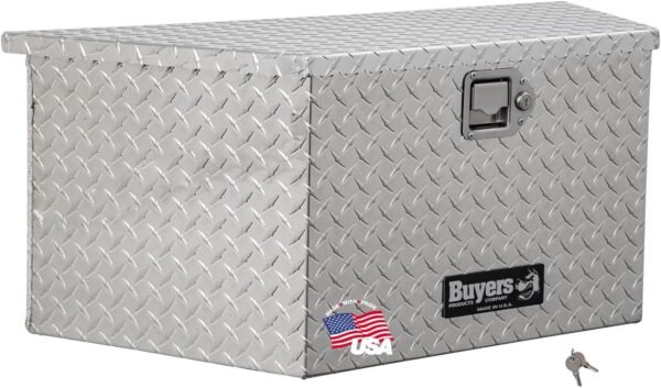 Buyers Products 1701380 Aluminum Trailer Tongue Box, 14 x 14.4 x 35.2 Inch, Silver Diamond Tread, Made In The USA, Trailer Tongue Tool Box For Storage And Organization, Trailer Storage Box