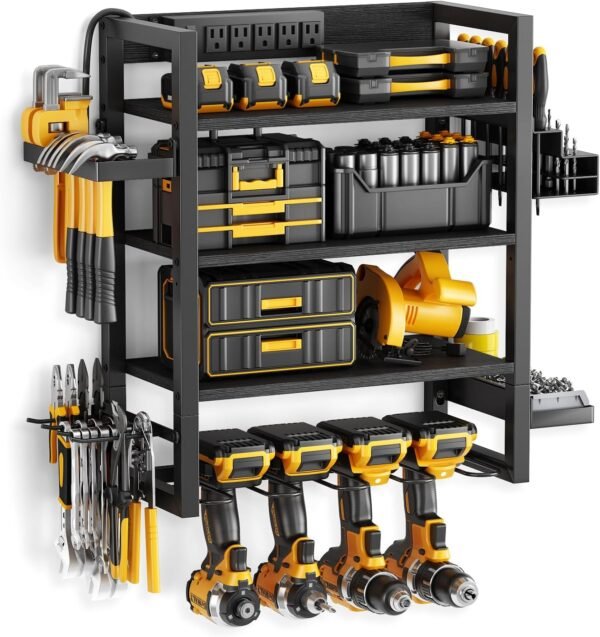 Wooden 4-Tier Power Tool Organizer Wall Mount with 5 Outlet Charging Stations, Garage Tool Organizers and Storage with 4 Drill Holders, Power Tool Storage for Workshop, Basement, Pure Black