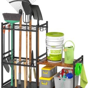 Garage Tool Organizer with 2-tier Wooden Shelves, Yard Tool Organizer for Garage with 6 Hooks, Heavy duty Steel Garden Tool Rack Holds up to 35 Long Handled Yard tools for Storage, Black