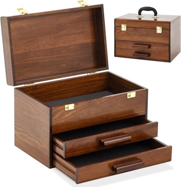 Weysat 14 Inch Mini Wooden Tool Box with 2 Drawers and Top Storage, Portable Small Tool Chest with PVC Liners, Mini Tool Storage Box Organizer Makeup Box with Metal Latch Closure