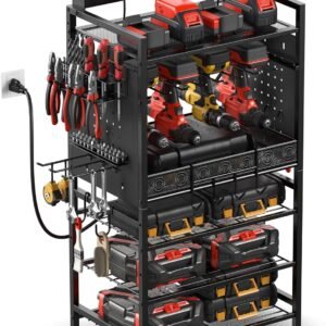 JUNNUJ Power Tool Organizer Floor Stand with Charging Station, Garage Adjustable Storage Rack Utility Tool Shelf with 8 Outlet Power Strip, Heavy Duty Drill and Battery Holder, Black