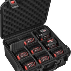 Storage Case for Milwaukee M18 M12 Battery - Waterproof Power Tool Box Storage Bag with 9 Adjustable Dividers for Milwaukee Battery & Charger Holder 2.0/3.0/4.0/5.0/6.0/6.5/8/9.0/12.0-Ah (Case Only)