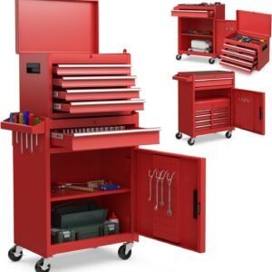 Goplus Tool Chest, 5-Drawer Rolling Cabinet with Detachable Top Toolbox, Lockable Wheels, Lock Bar, Protective Liner & Tool Rack, Metal Storage Cart for Garage Workshop