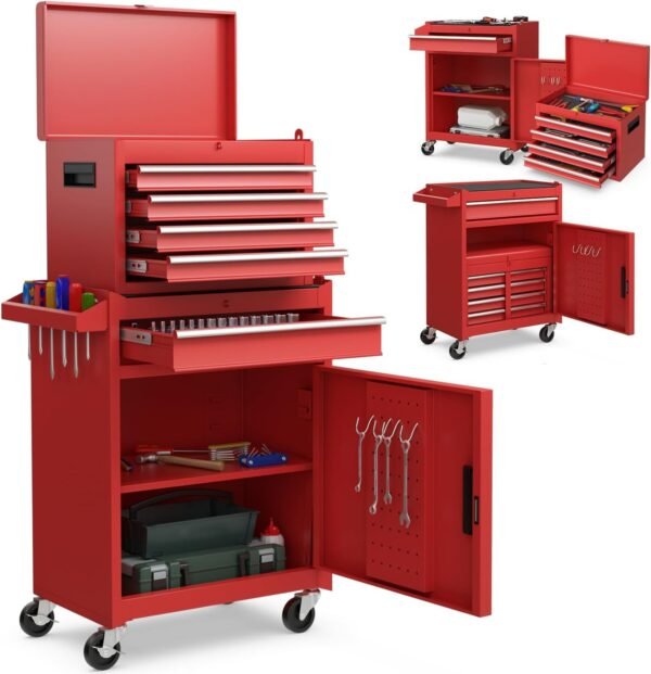 Goplus Tool Chest, 5-Drawer Rolling Cabinet with Detachable Top Toolbox, Lockable Wheels, Lock Bar, Protective Liner & Tool Rack, Metal Storage Cart for Garage Workshop