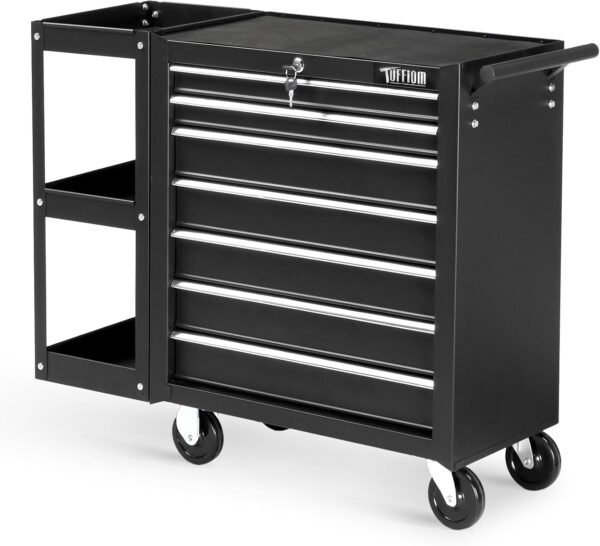 TUFFIOM 7-Drawer Rolling Tool Chest with Side Shelves, Tool Storage Side Cabinet w/Lockable Wheels, Top Cushion & Drawer Liners, Tool Organizer Box for Garage, Warehouse & Repair Shop