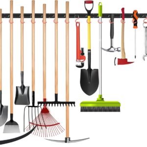 All Metal 64 Inch Wall Mount Garden Tool Organizer for Garage, Mop and Broom Holder, Yard Tool Storage Rack for Rake, Shovel, Spade, Mop, Broom(4 Rails, 16 Hooks)